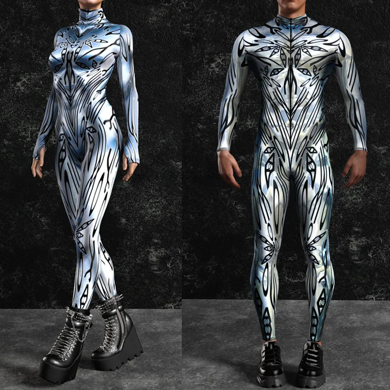 

Corrupted Silver Costume Men Women Mechanical Armor Robot Cyber Jumpsuit Cosplay Punk Zentai Bodysuit 2025