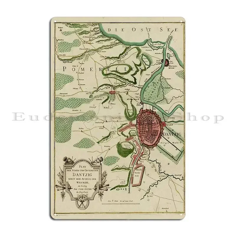 Vintage Dantzig Poland Map 1784 Metal Signs Kitchen Garage Cinema Printing Designing Tin Sign Poster