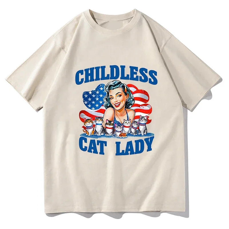 Unisex Childless Cat Lady T-Shirt Hip Hop Casual Graphic Printing T-Shirt Short Sleeve High Quality Cotton Summer Vintage Tops