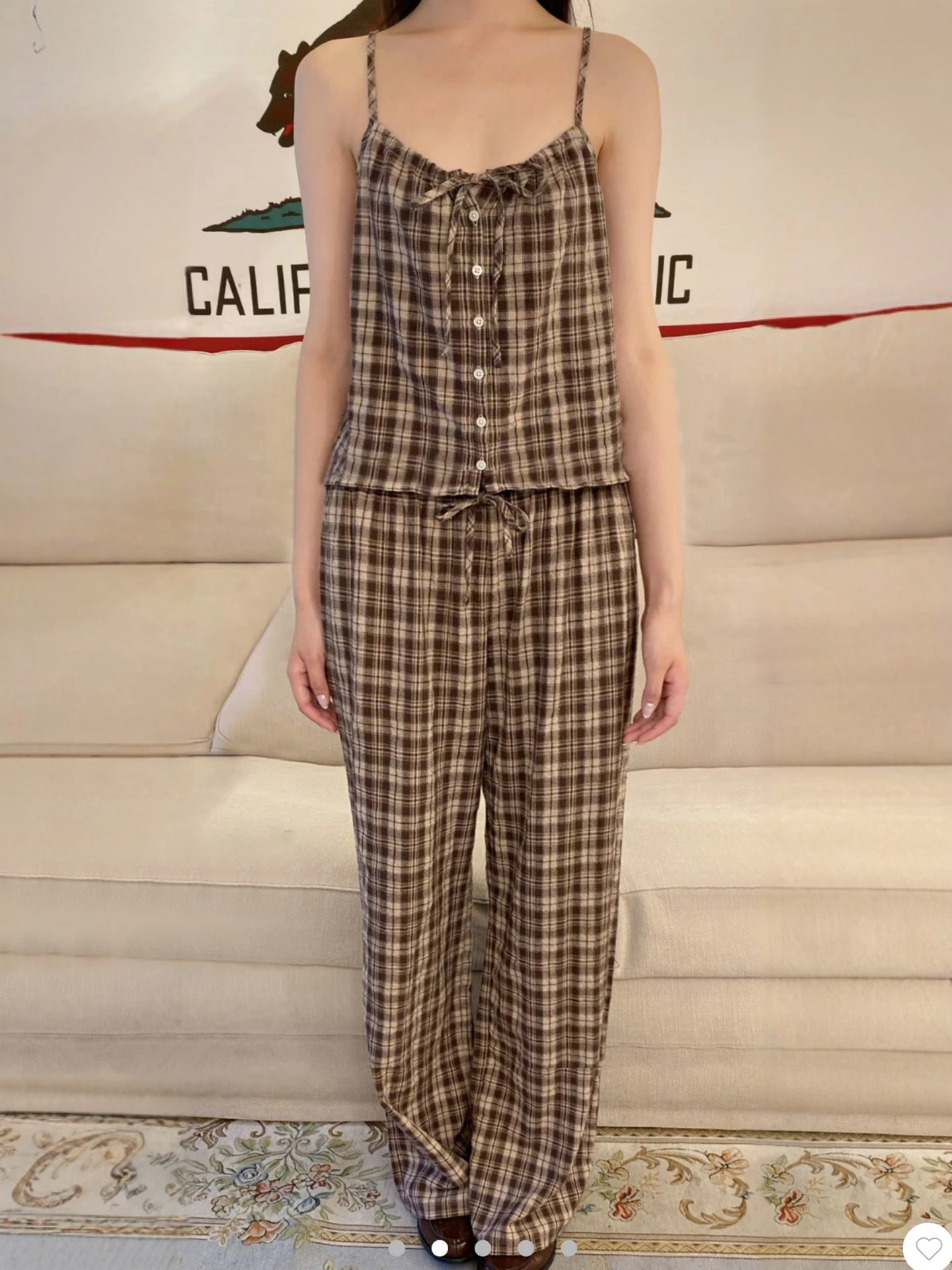 

Коричневый клетчатый комплект с майками, женский однобортный комплект на шнуровке + спортивные штаны на шнуровке, винтажный хлопковый комплект из 2 предметов в консервативном стиле, новинка