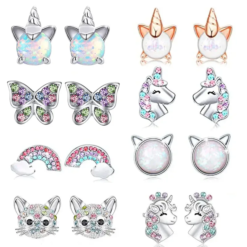 Hot Cute Unicorn Stud Earrings for Little Girl Kids Crystal Cat Butterfly Rainbow Heart Star Earring Christmas Gift Jewelry