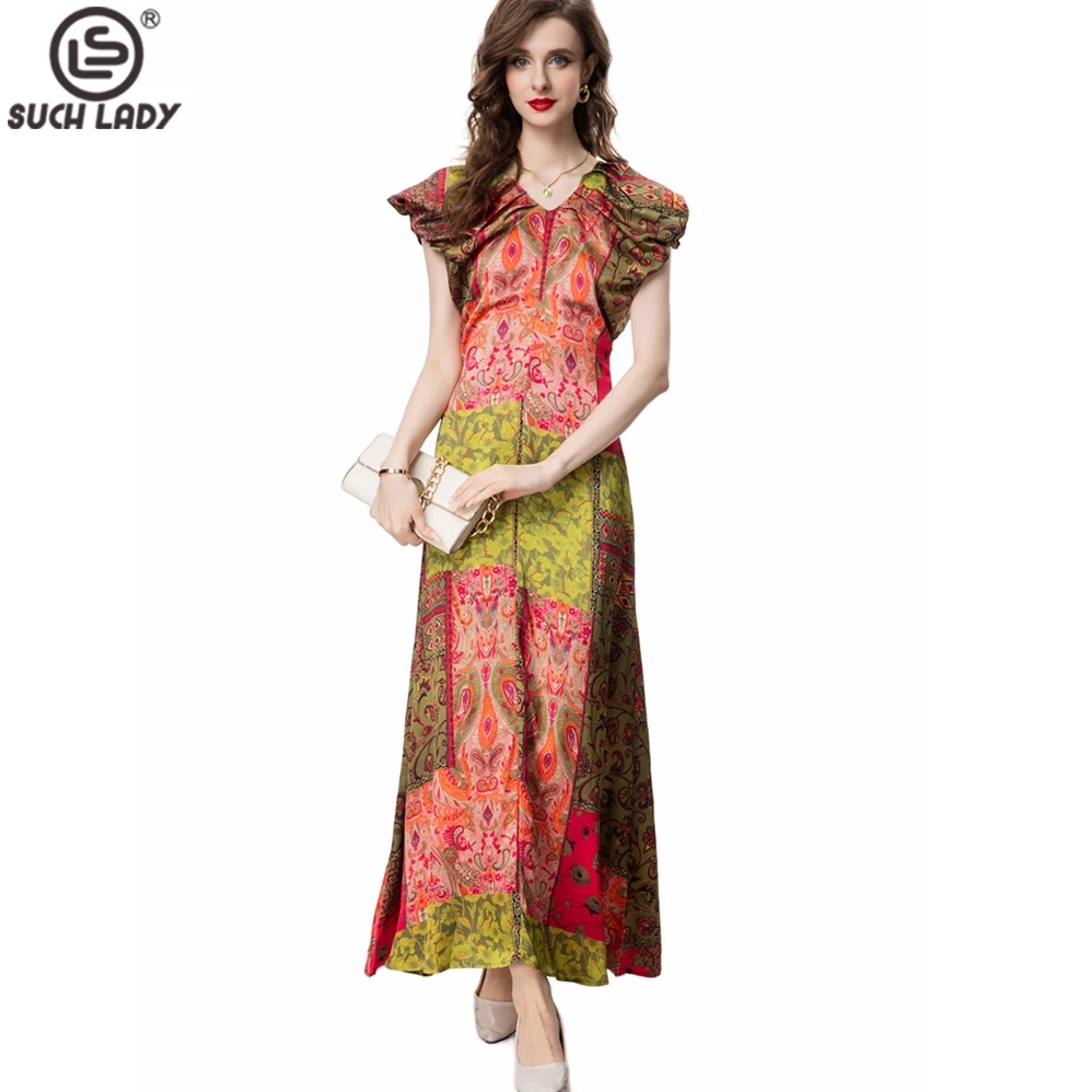 

Women's Dresses V Neck Short Sleeves Printed High Street Fashion Casual Long Vestidos