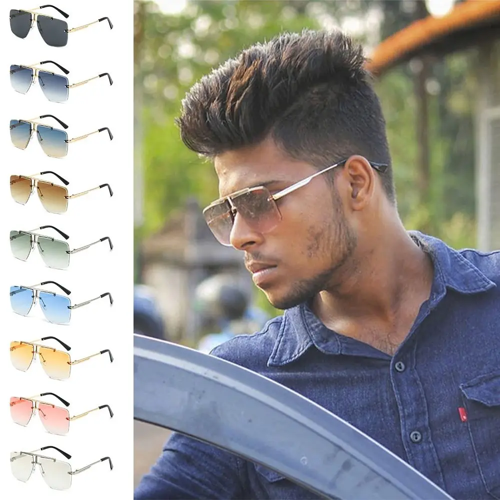 Oversized Double Bridge Sunglasses Frameless Rimless Gradient Lens Sun Glasses Square Frame UV Protection