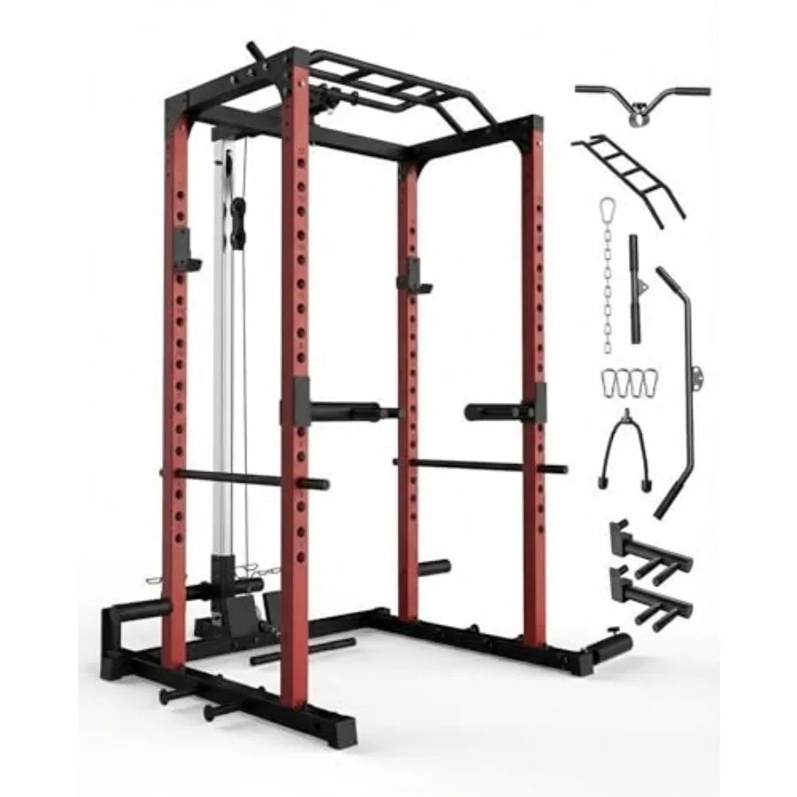 1200LBS Power Cage Squat Rack Home Gym Strength Training Rack with Pulley Lat Pulldown Dip Bars Pull Up Bar Low Row Landmine We