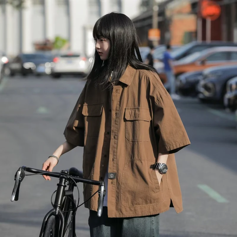 

American Streetwear Style Men's Shirt Summer Short Sleeve Design Draped Loose Fit Neutral Workwear Fashion Casual Shirt