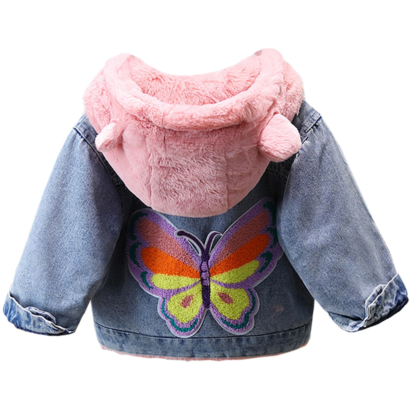 

Girls Denim Jacket Ear Hood Velvet Thick Children's Winter Warm Coat Faux Fur Butterfly Girls Parka Bow Puffer Jacket Outerwear