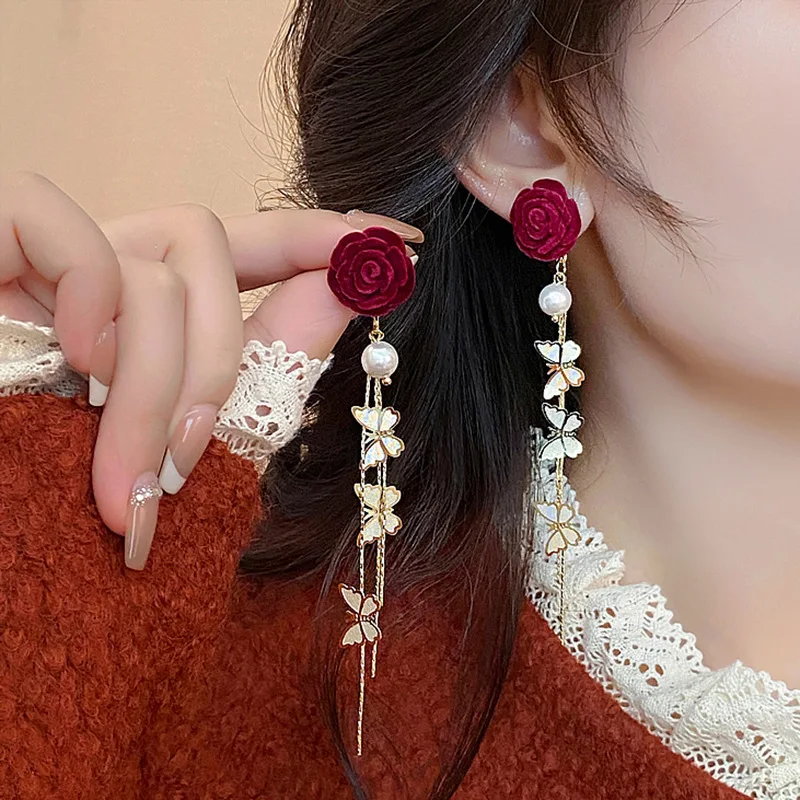 NISHIZAWA Red Flocked Flower Butterfly Tassel Earrings Personalized Niche Long Light Luxury Earrings for Women