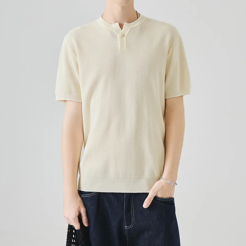 Men's summer thin style vintage style fashionable versatile solid color slim fit semi open neck knitted short sleeved T-shirt