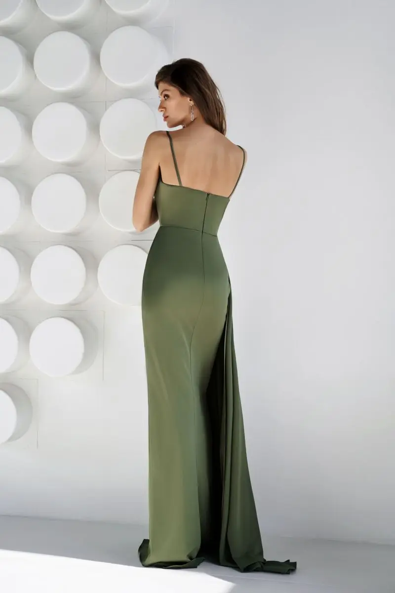 Olive Green Satin Evening Dresses V-Neck High Side Slit Spaghetti Strap Backless Mermaid Prom Party Evening Dress