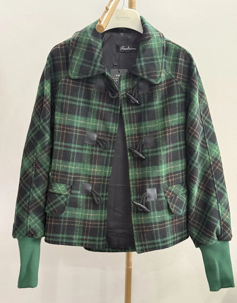 

Зеленая клетчатая куртка для женщин, новая модная повседневная куртка со свободными пуговицами на осень и зиму 2025 года, топ