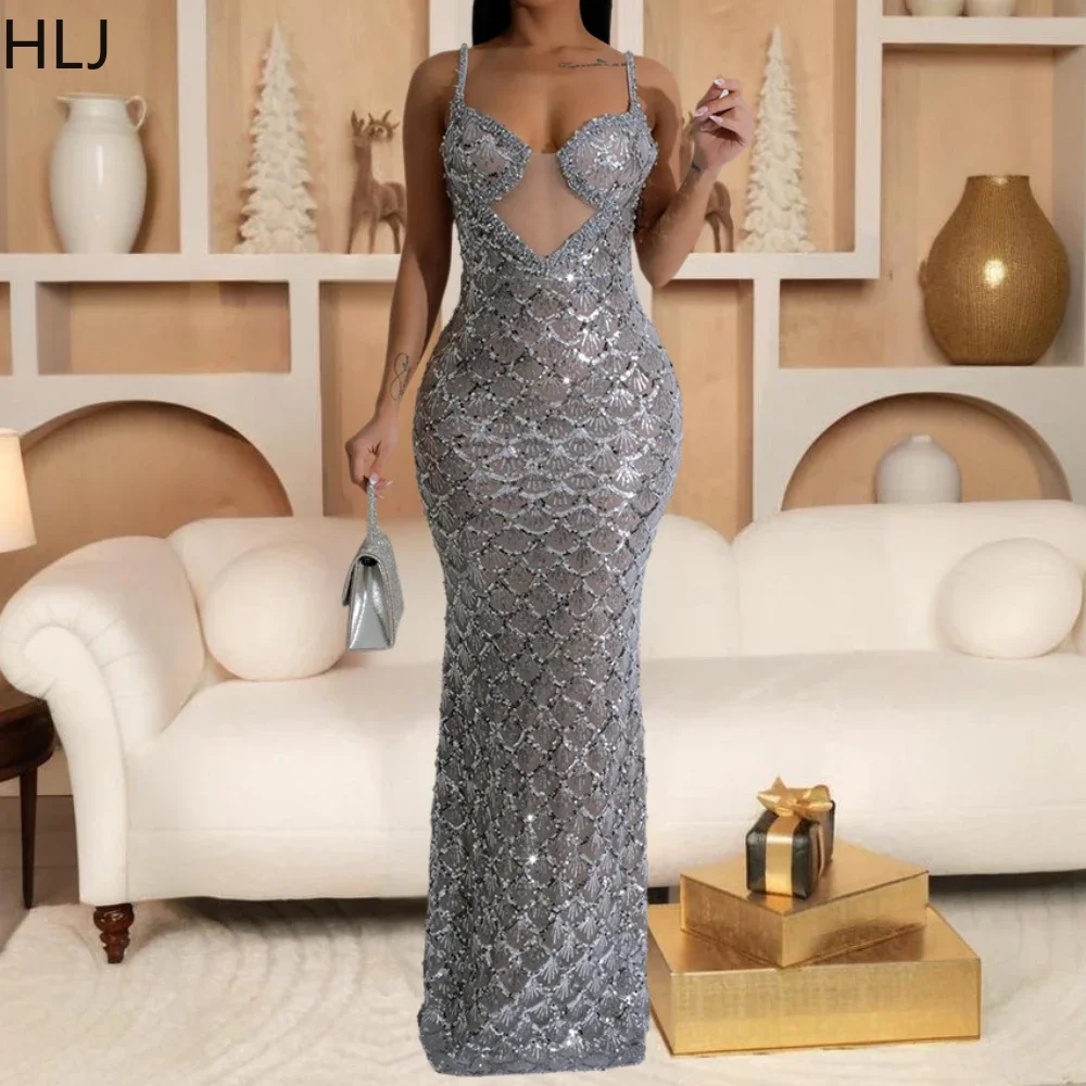 

HLJ Sexy Sequin See Though Bodycon Spaghetti Strap Evening Party Dress Women V Neck Sleeveless Slim Vestidos Fashion Clothing