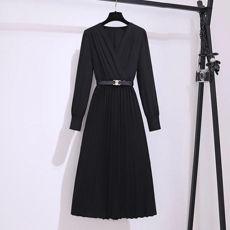 

2024 Autumn New Hong Kong Style French High-end Light Luxury Long Sleeve Pleated Dress Temperament Lady Goddess Waist Long Skirt