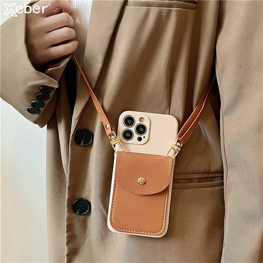 Crossbody Leather Wallet Card Holder Necklace Lanyard Case For iPhone 16 15 14 Pro Max 11 12 13 XR XS 7 Plus silicone Soft Cover