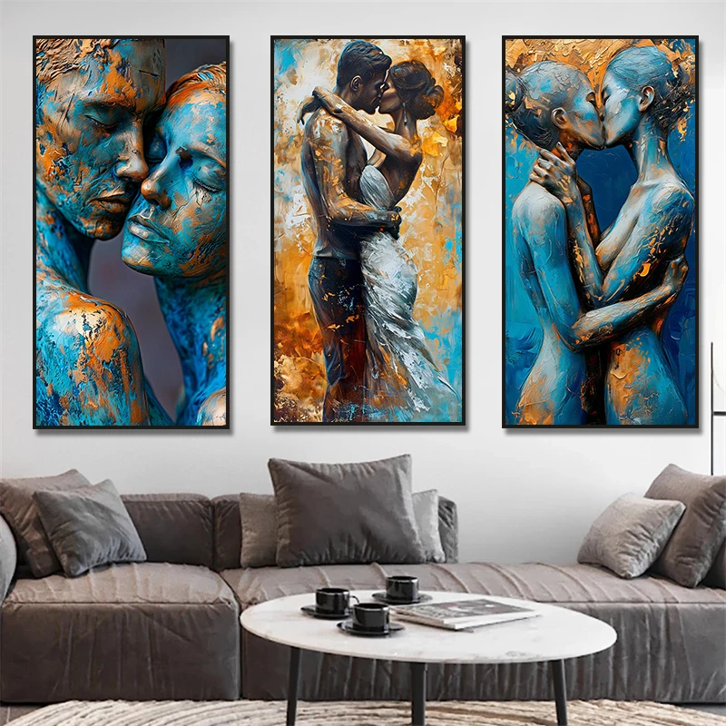 Romantic Girls Kissing Love Couples Canvas Painting Wall Art  Blue Body Golden Touches Lesbian Poster Print Home Decor Cuadros