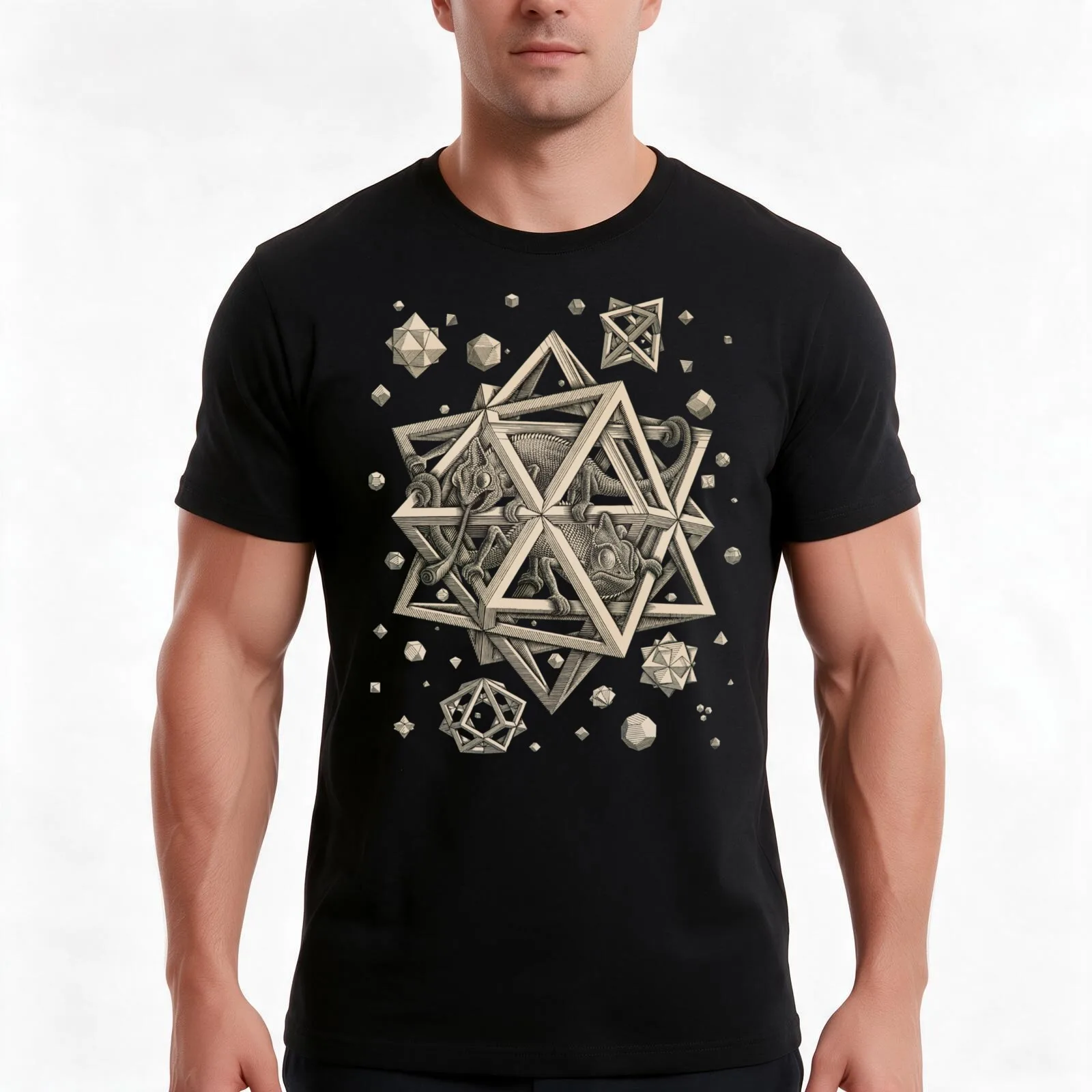Escher - Stars T-Shirt, Summer Casual Cotton Tee, Oversized Streetwear Tops, Vintage Graphic Print, Loose Fit Short Sleeve