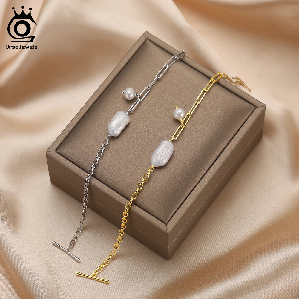 

ORSA JEWELS Baroque Freshwater Pearl Bracelet Paperclip & Cuban Chain Stackable Minimalist 925 Sterling Silver Jewelry GPB43