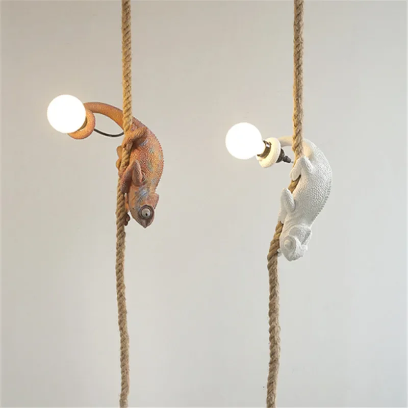 Animal Chandelier Resin White Color Chameleon Pendant Lamp for Living Room Hemp Rope Lamp Study Coffee Retro Pendant Light