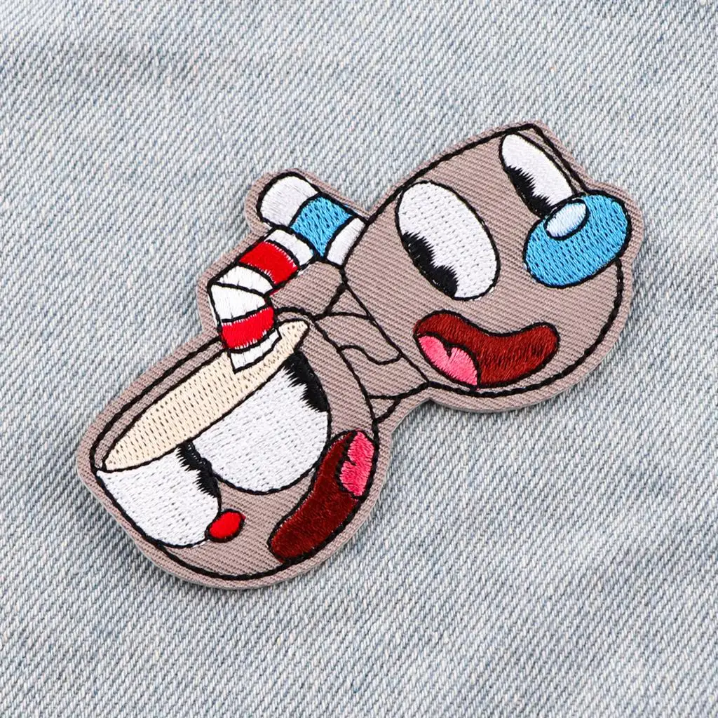 AD2855 Cartoon Cuphead Patch Teacup Head Embroidered Patches For Clothes Applique Game Embroidery Patch For Clothing Stickers