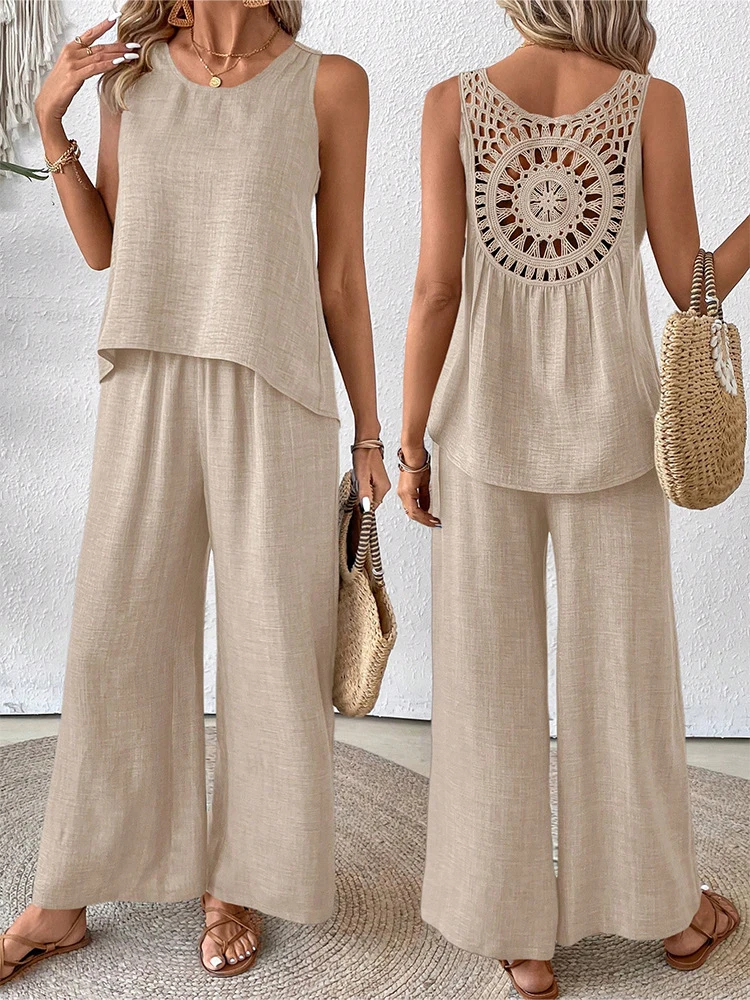 WomenTwo Piece Set  Summer Solid Color Hollow Lace  Sleeveless Vest High Waist Wide Leg Long Pants Casual Matching Outfit