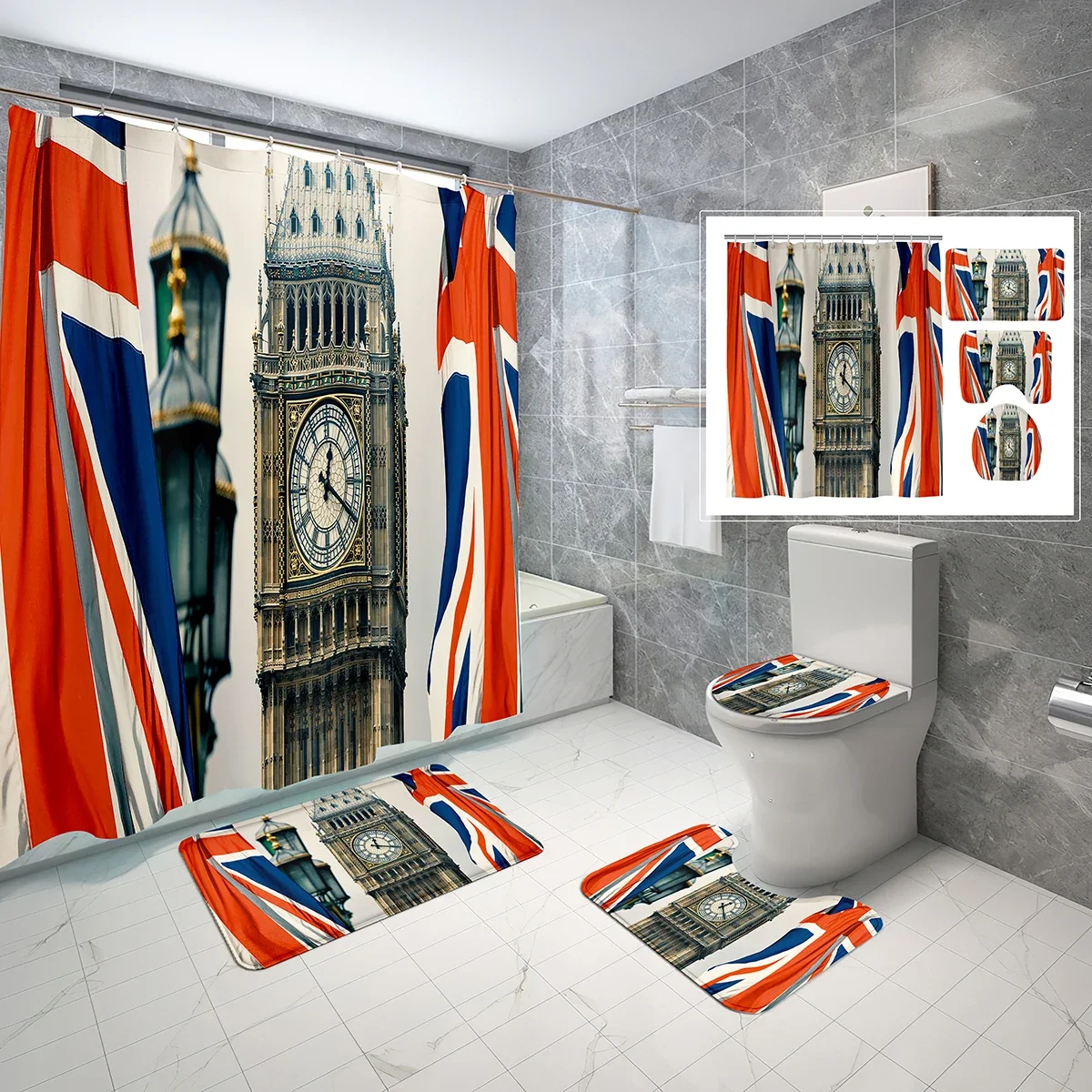 

4 Pcs British Flag Shower Curtain Sets with Rug Toilet Mat Lid Rugs United Kingdom London Landmark Big Ben Shower Curtain Set