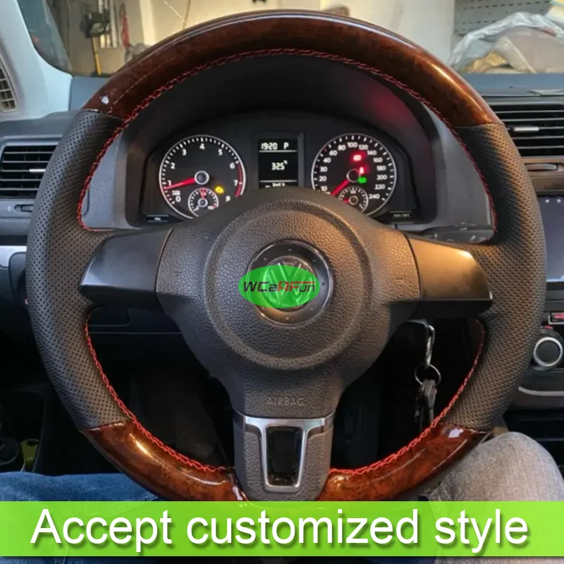 Customize Soft Wood Carbon Leather Braid Leather Steering Wheel Cover For Volkswagen VW Golf 6 Tiguan Caddy Polo Jetta 2009-2018