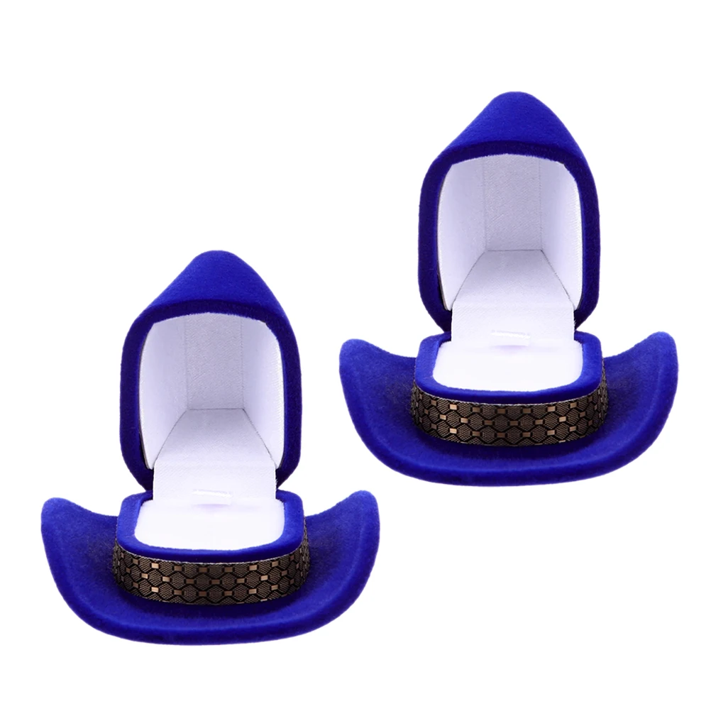 

2 Pcs Cowboy Hat Jewelry Box Rings Case Flocking Velvet Decorative Necklace Ear Rings Blue Storage Display Accessories