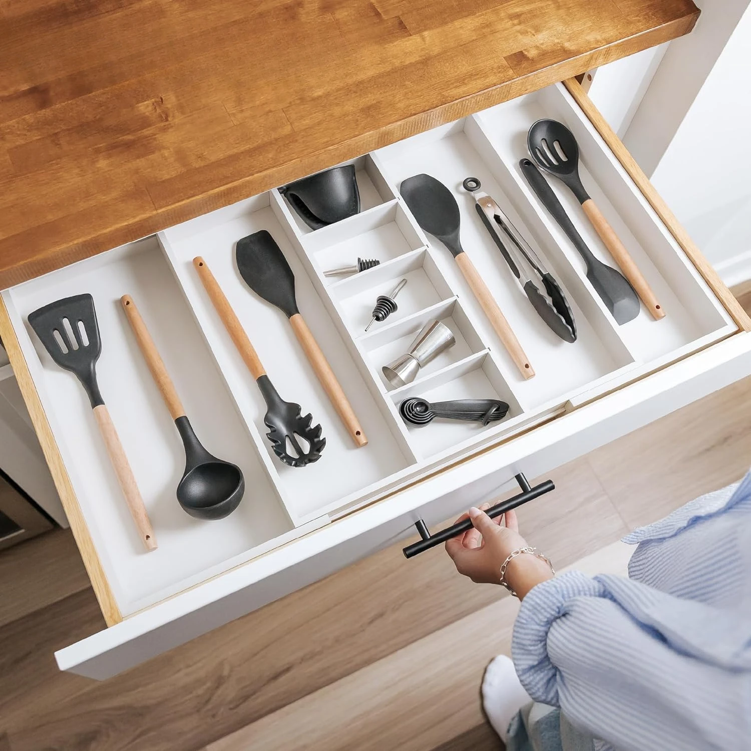 Adjustable Kitchen Drawer Organizer for Utensils and Junk,9 Compartments, Food-Safe Contract Grade White Finish