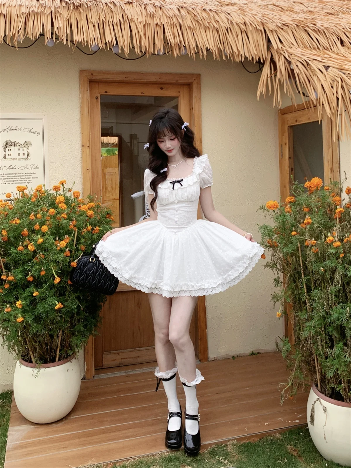 

Musefish Sweet Princess Style Puffy Sleeve High Waist Cotton Dress Square Collar White Women's Daily Wear Summer Dress