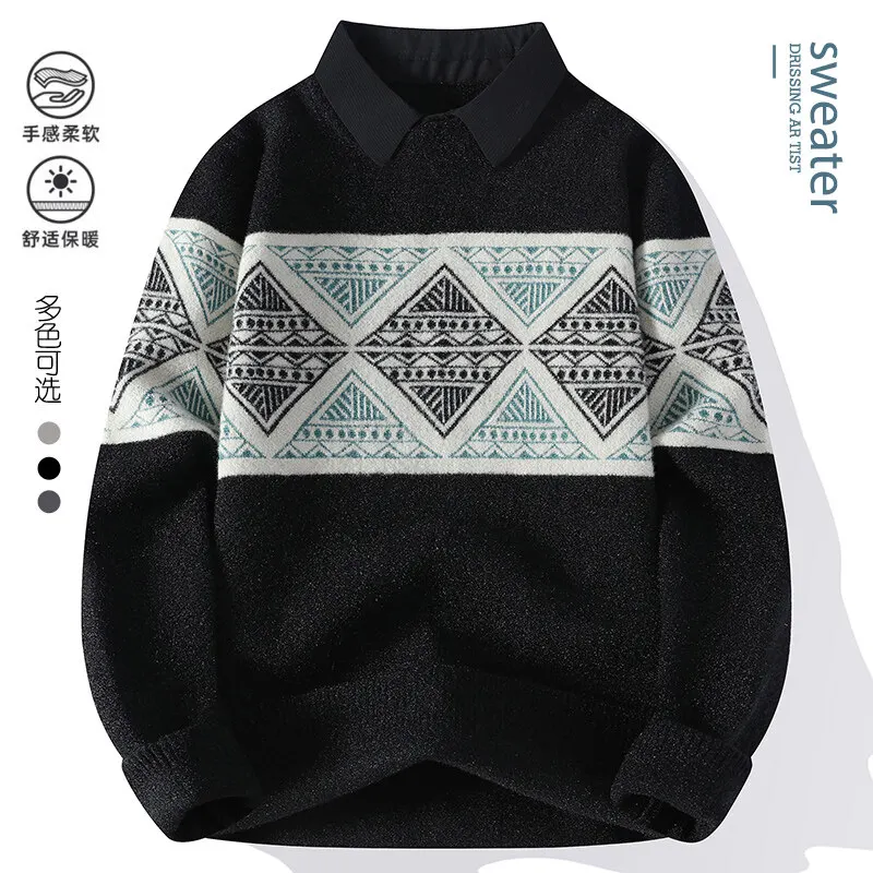 GIOIO men's sweater, color matching lapel fake two-piece casual sweater, ethnic style men's bottoming pullover