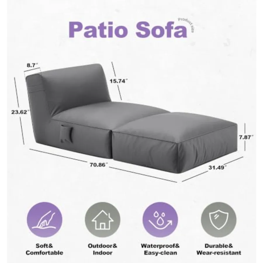 Outdoor patio lounge chair bean bag with waterproof grey high-density foam and machine washable cover for durability and comfor