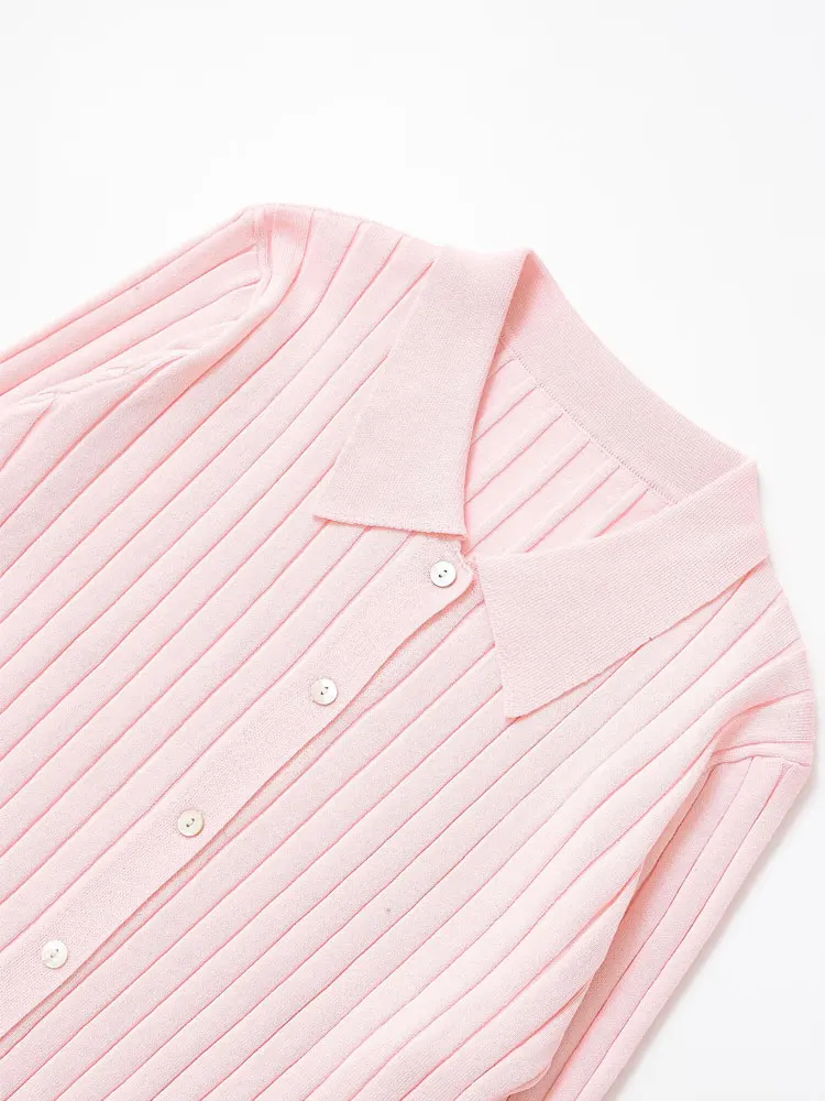 여성 패션 앞단추 리브드 니트 가디건 스웨터 폴로 칼라 긴팔 여성 아우터웨어 시크 탑스