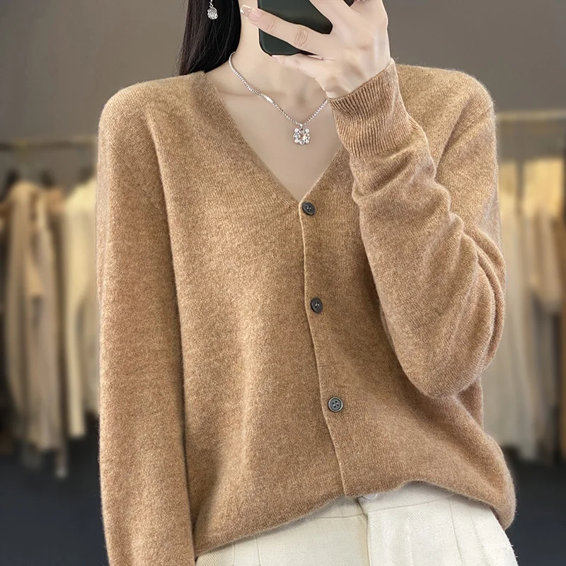 New Women\'s V-neck thin Cardigan 100% Wool Comfortable Soft Knitwear Solid Color Cardigan WQ015