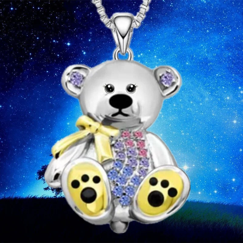 Luxury Fashion Bear Necklace Colorful Bear Pendant Lovely Animal Jewelry Necklace for Women Party Birthday Anniversary Gift