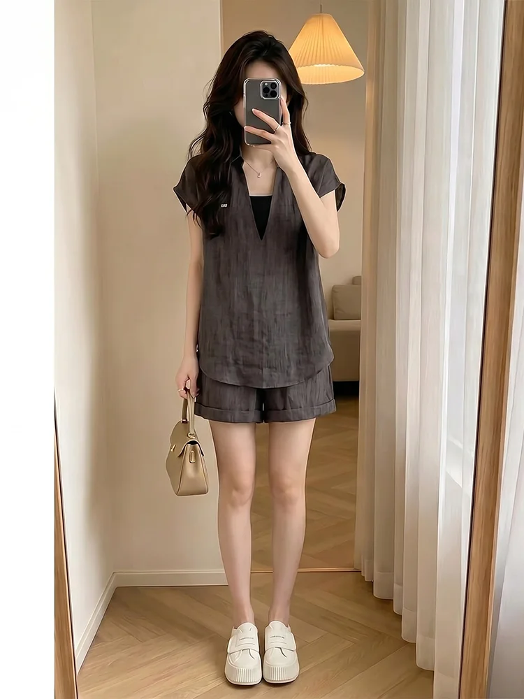 Casual Texture Short Sleeve Women's Set Summer New Loose Feel Top And Shorts Two Piece Set Fashionable Breathable Comfortable
