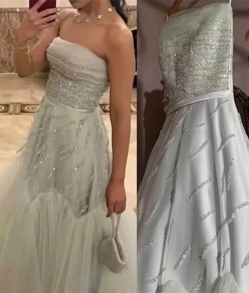 

Lzhk Customized Graceful Tulle A-Line Sequined Beading Evening Dress High Quality Strapless Sleeveless Bespoke Occasion Gowns