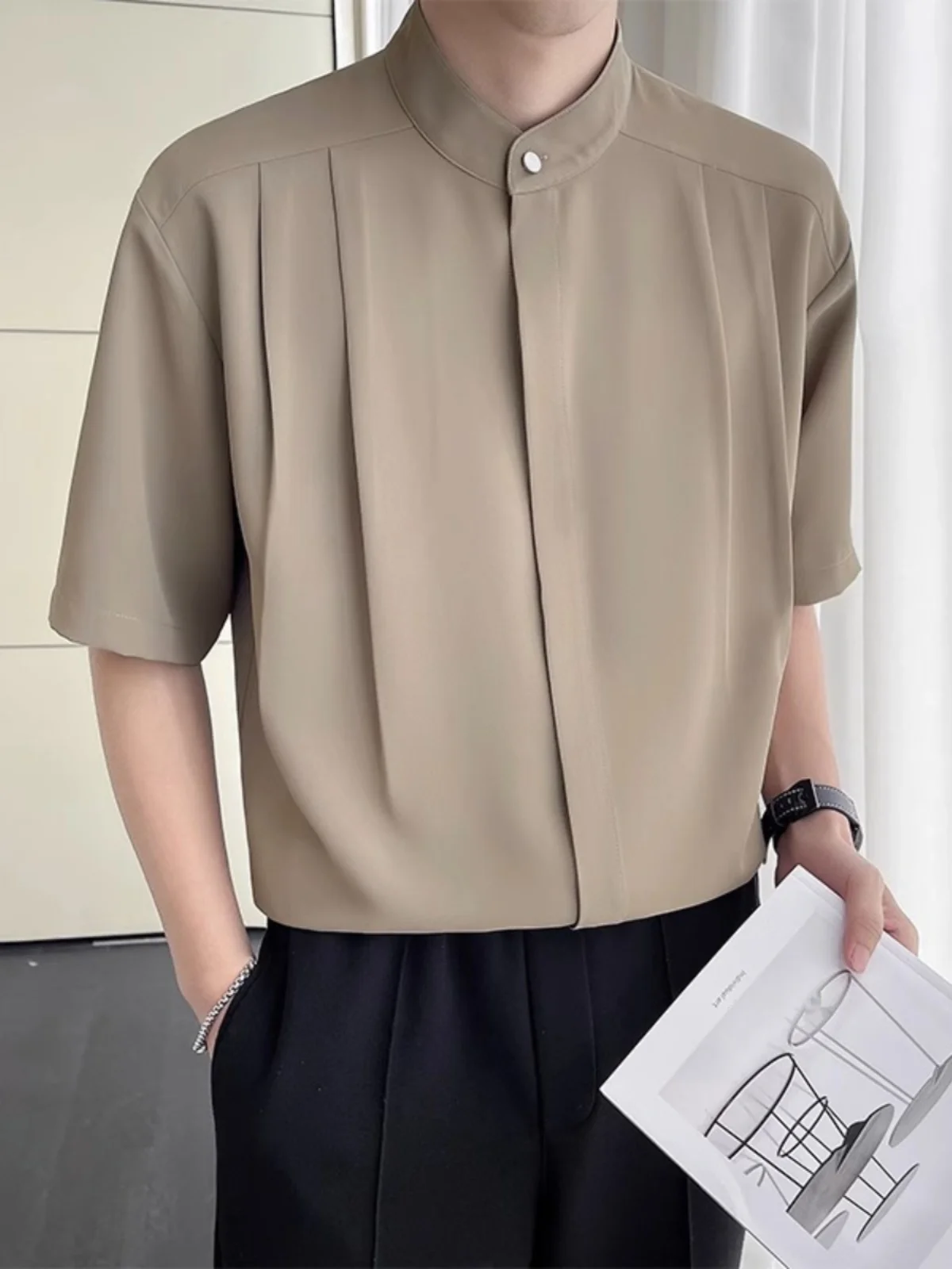 

New Chinese Sle Men's irt Ice Silk ort Sve Five-Point Middle Sve Stand Collar Summer Faionable Casual Loose Fit