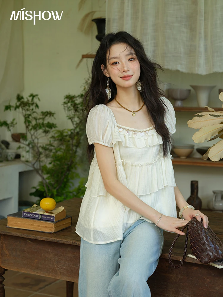 

MISHOW Female Fashion Square Collar Loose Blouse 2025 Summer New Commute Puff Sleeve Tierred Top Women's Clothing MXE33X1763