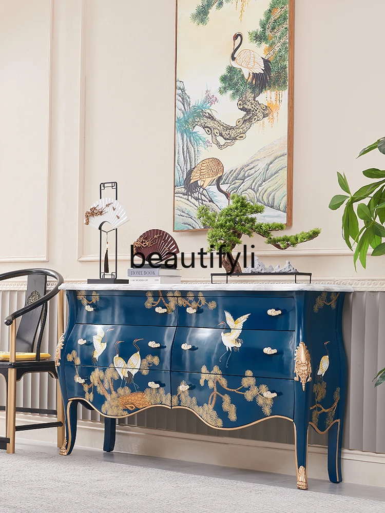 

New Chinese style Guochao luxury royal blue hand-painted crane entrance door solid wood entrance partition decorative cabinet