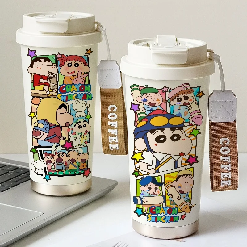 600ML Cartoon Crayon Shin Chan Stitch Thermos Cup Kawaii Large Capacity Portable Straw Cup Student Coffee Milk Cup Water Cup