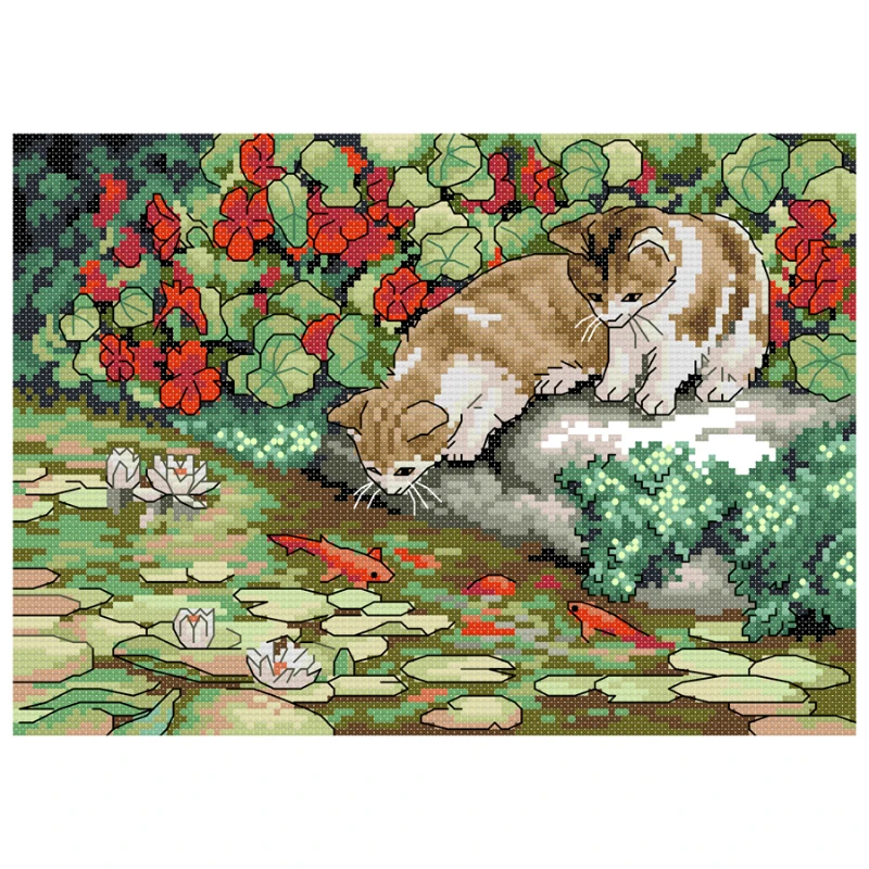 Joy Sunday Cross Stitch Kit Cat and Fish 11CT 14CT Printed Cross Stitch Embroidery Kit Print Fabric Crosstitch Kit Needlework