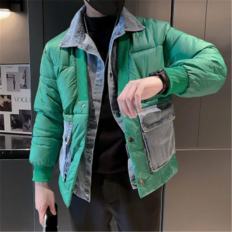 Warm Coat Men Winter Jacket Turn-down Collar Korean Style Casual Outwear Patchwork Denim Cloth Youth Man Fake 2 Piece Clothing