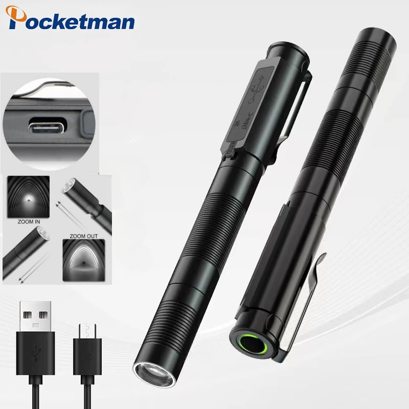 Super Bright LED Flashlight Zoomable USB Rechargeable with Pen Clip Torch Outdoor Emergency Inspection Maintenance Lantern Edc