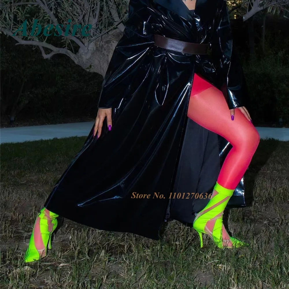 Stripe Stiletto Pointed Toe Sandals Air Mesh Mid Calf Breathable Thin Heels Women Pumps 2022 New Arrival Fluorescent Green Sexy