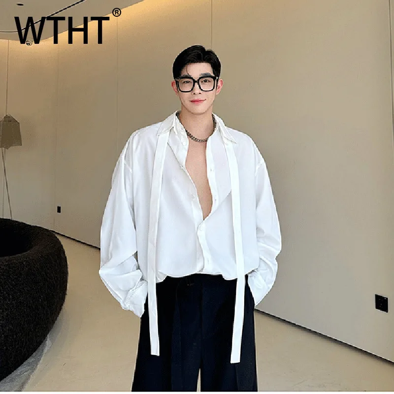 

WTHT Trendy Men's Spliced Removable Ribbon Solid Color Shirts Fashion 2025 Autumn Long Sleeves Single-breasted Tops Male 2A1385