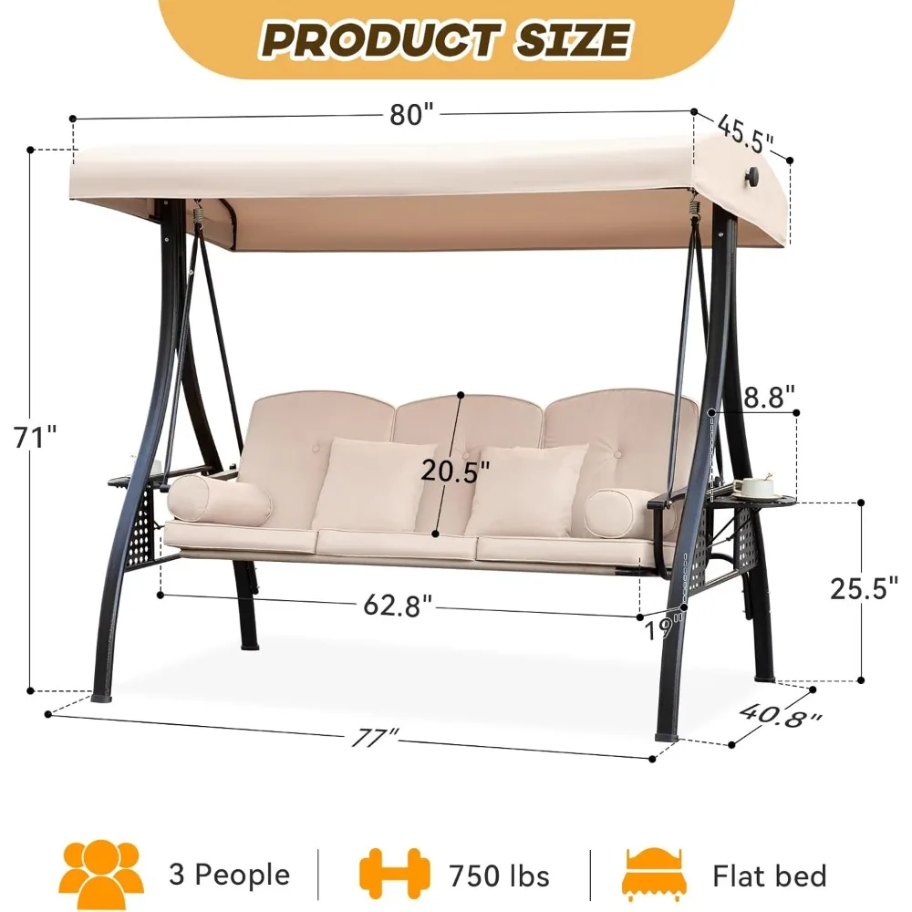 

3 in 1 Outdoor Porch Swing with Adjustable Canopy, 3 Seat Outdoor Swing for Adults, Patio Swing Chair with Thickened Cushions