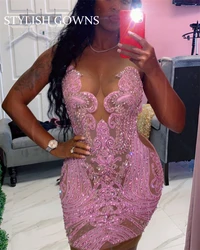 Pink Short Cocktail Birthday Dresses African Black Girl Beads Crystals Mermaid Mini Party Prom Gowns 2024 Customized