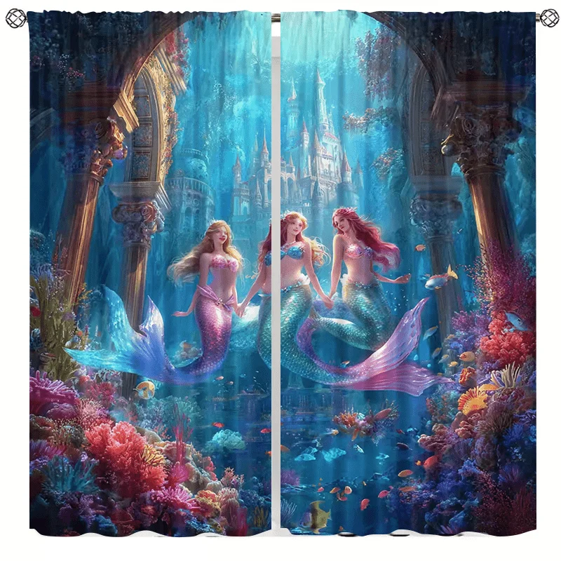 Mermaid World curtains, pole-mounted installation. Suitable for living rooms, bedrooms, dining rooms and hotels.
