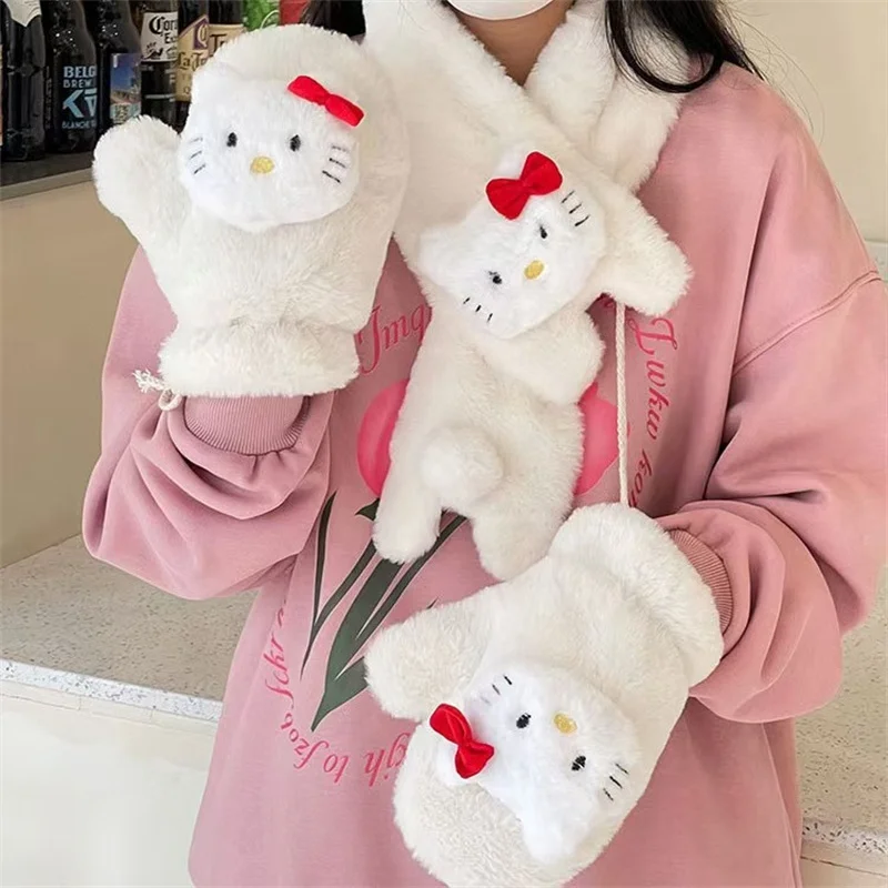 مجموعة سانريو هالو كيتي الدافئة المكونة من ثلاث قطع من الأوشحة القطيفة اللطيفة وقبعة أساسية لركوب الدراجات في فصل الشتاء للفتيات والطلاب #3