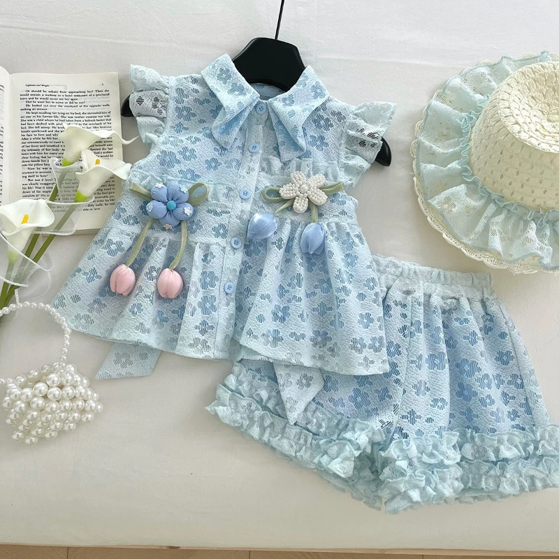 New Girls' Flower Vest Top+flower Bud Shorts Two-piece Set  with A Hat Girl Clothes Girls' Suit Summer