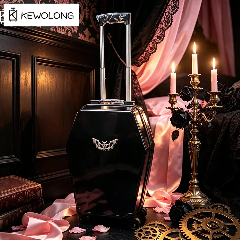 Gothic Vampire Coffin Shaped Suitcase - Black Hardshell Rolling Luggage Perfect for Goth Convention Halloween Cosplay Trunk